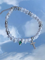 Rhinestone Cross Pendant Faux Pearl Choker Necklace