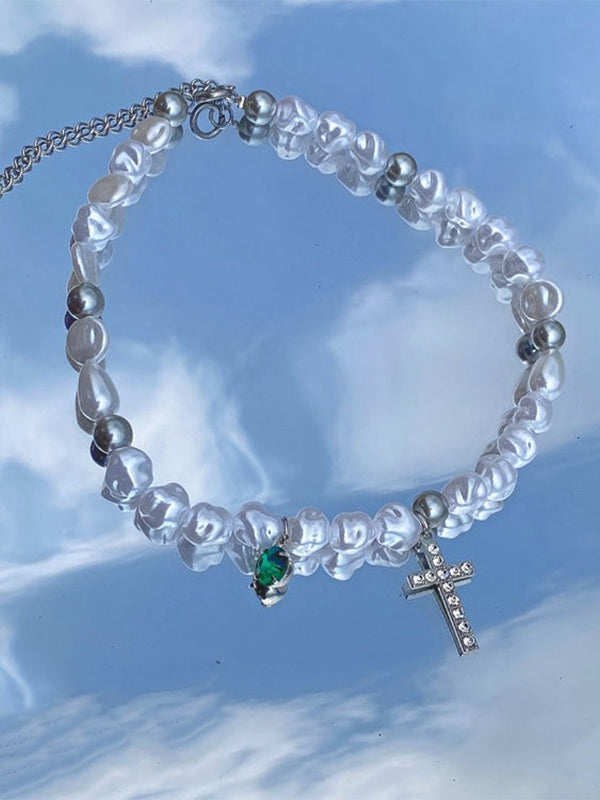 Rhinestone Cross Pendant Faux Pearl Choker Necklace