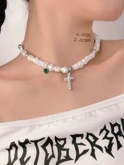 Rhinestone Cross Pendant Faux Pearl Choker Necklace