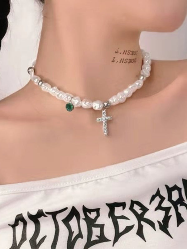 Rhinestone Cross Pendant Faux Pearl Choker Necklace