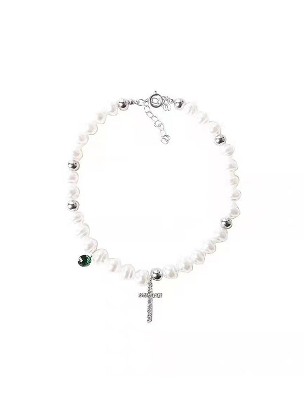 Rhinestone Cross Pendant Faux Pearl Choker Necklace