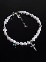 Rhinestone Cross Pendant Faux Pearl Choker Necklace