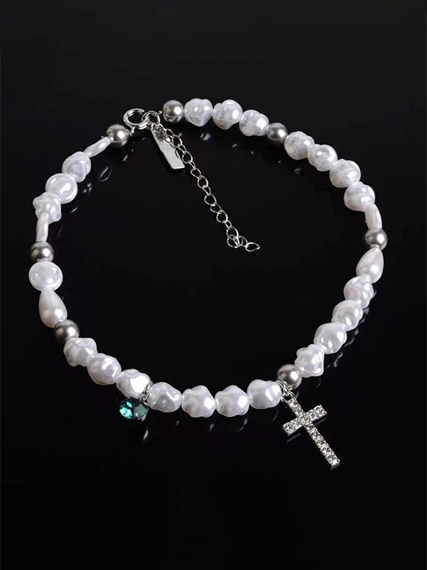 Rhinestone Cross Pendant Faux Pearl Choker Necklace