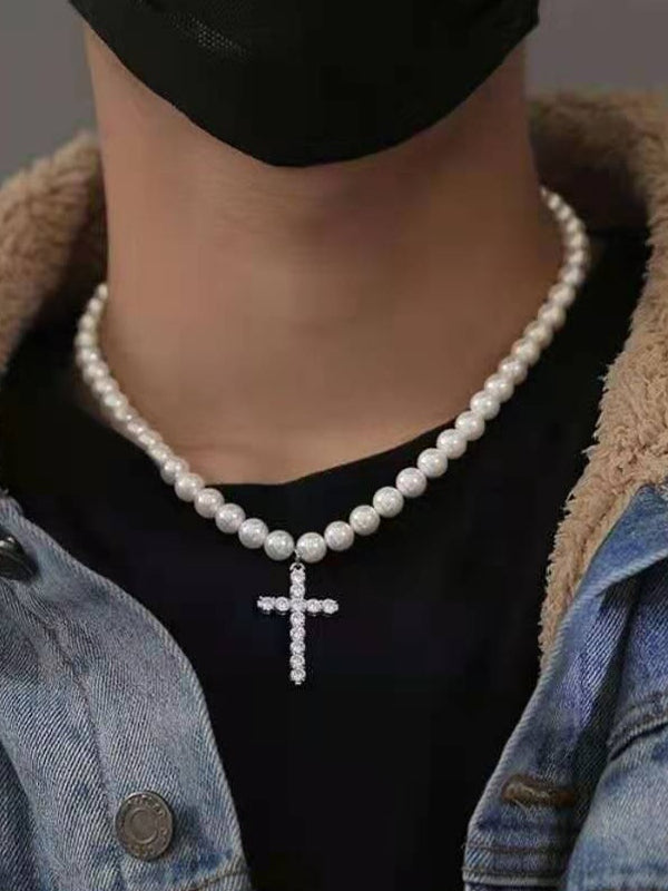Men's Rhinestone Cross Pendant Faux Pearl Necklace