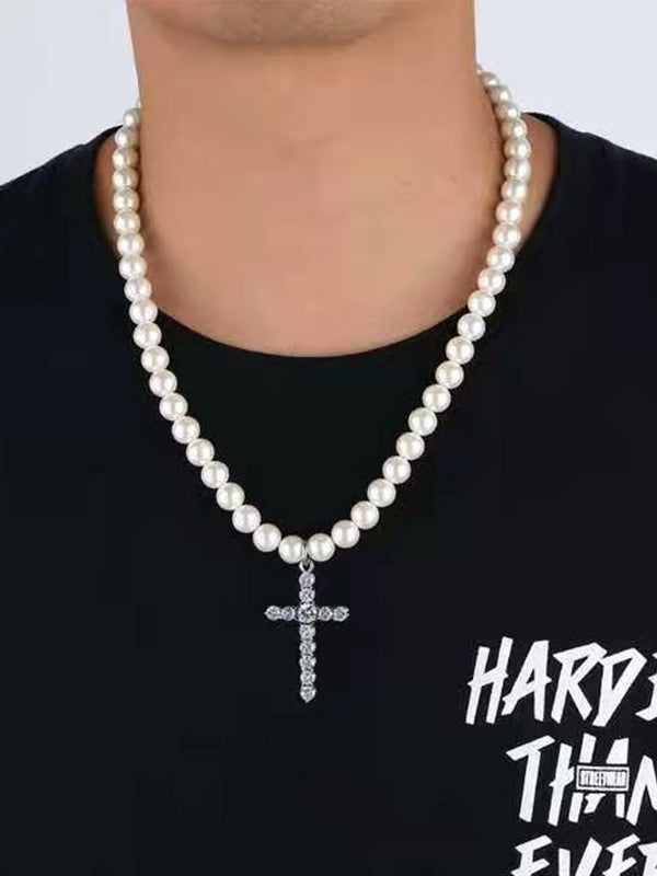 Men's Rhinestone Cross Pendant Faux Pearl Necklace