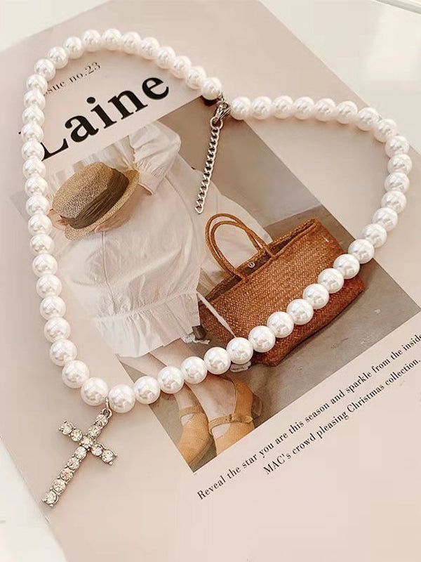 Men's Rhinestone Cross Pendant Faux Pearl Necklace