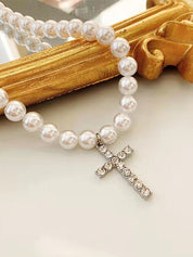 Men's Rhinestone Cross Pendant Faux Pearl Necklace