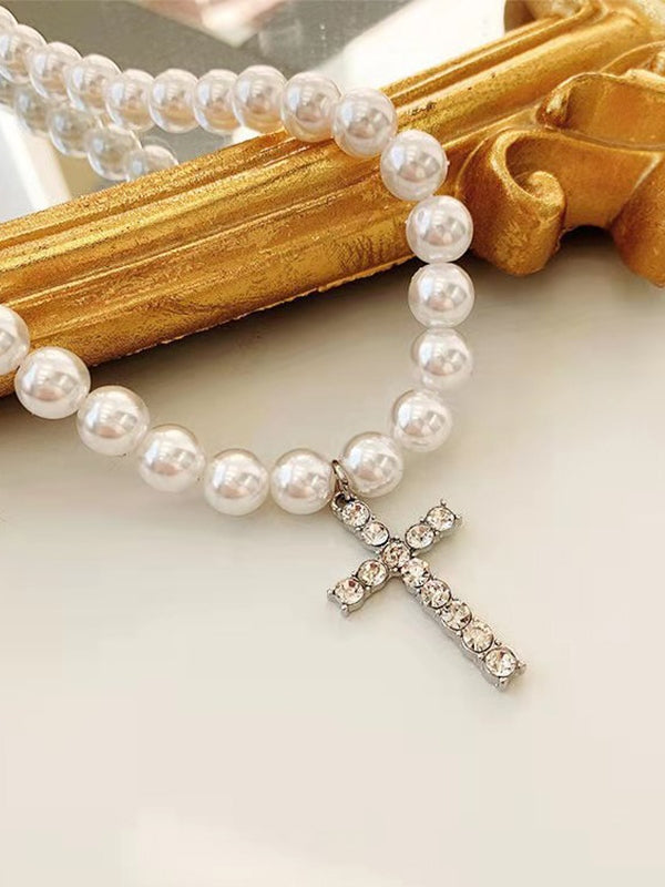 Men's Rhinestone Cross Pendant Faux Pearl Necklace