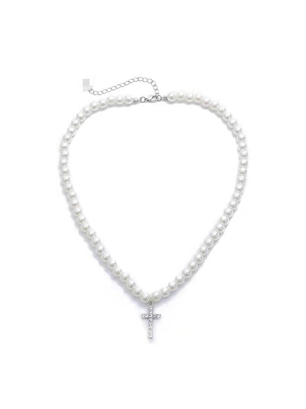 Men's Rhinestone Cross Pendant Faux Pearl Necklace