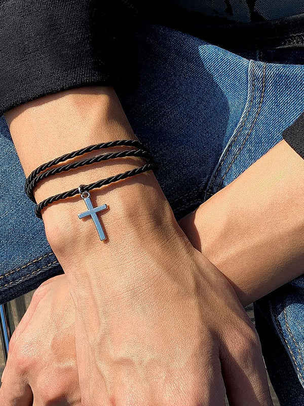 Men's Cross Pendant Layered Rope Bracelet