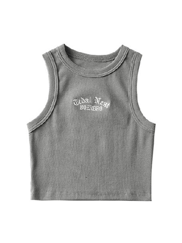 Letter Embroidery Ribbed Cropped Tank Top