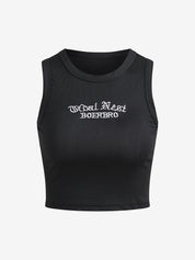 Letter Embroidery Ribbed Cropped Tank Top