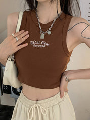 Letter Embroidery Ribbed Cropped Tank Top