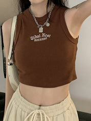 Letter Embroidery Ribbed Cropped Tank Top