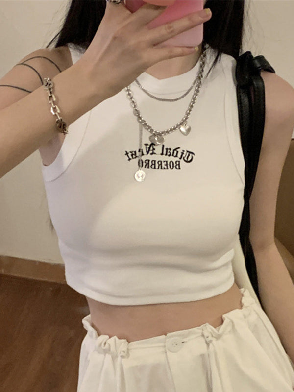 Letter Embroidery Ribbed Cropped Tank Top