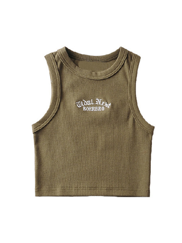 Letter Embroidery Ribbed Cropped Tank Top