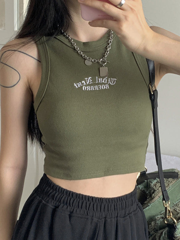 Letter Embroidery Ribbed Cropped Tank Top