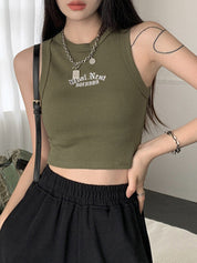 Letter Embroidery Ribbed Cropped Tank Top