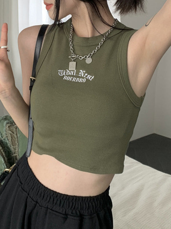 Letter Embroidery Ribbed Cropped Tank Top