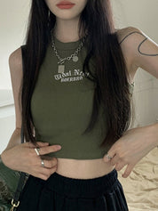 Letter Embroidery Ribbed Cropped Tank Top
