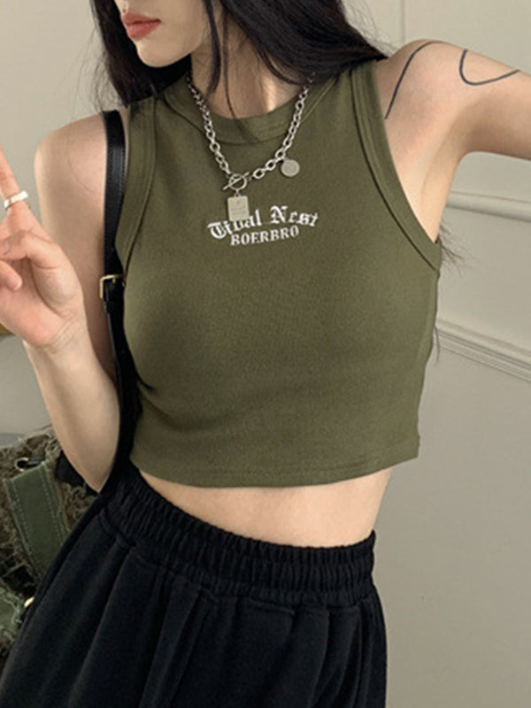 Letter Embroidery Ribbed Cropped Tank Top