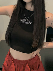 Letter Embroidery Ribbed Cropped Tank Top