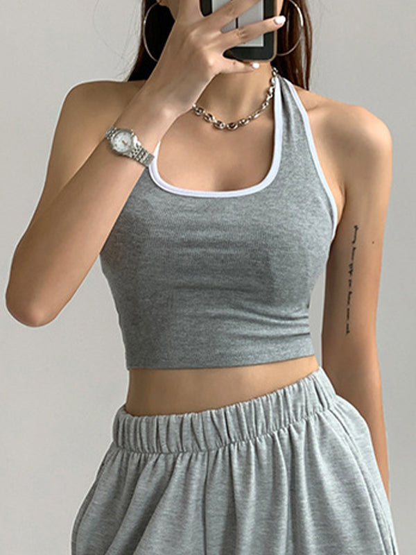 Contrast Trim Cropped Halter Tank Top