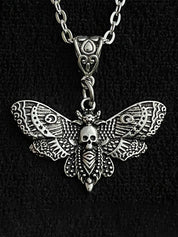 Silver Moth Skull Pendant Necklace