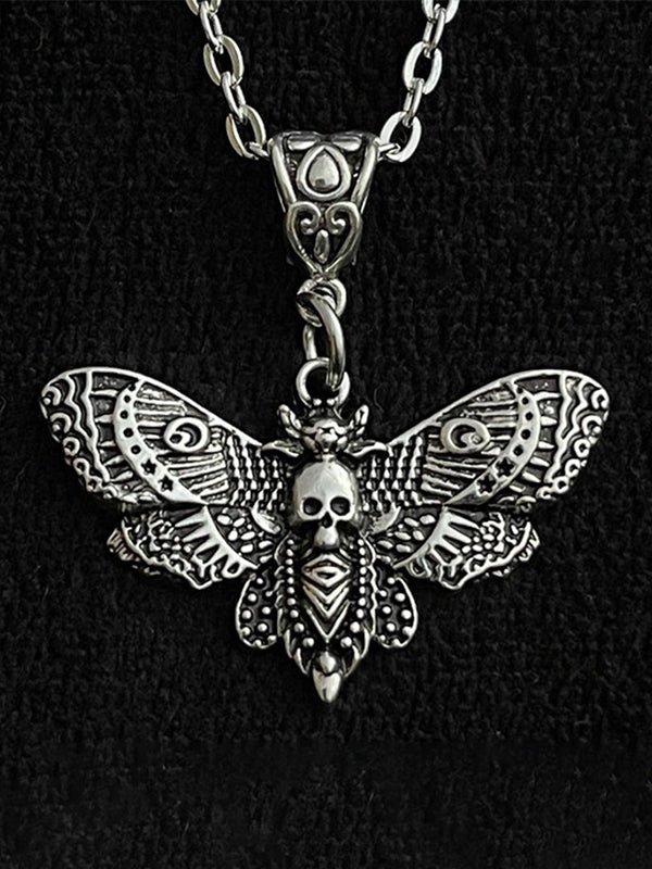 Silver Moth Skull Pendant Necklace