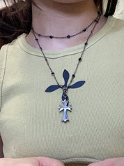 Double Layered Beads Cross Necklace