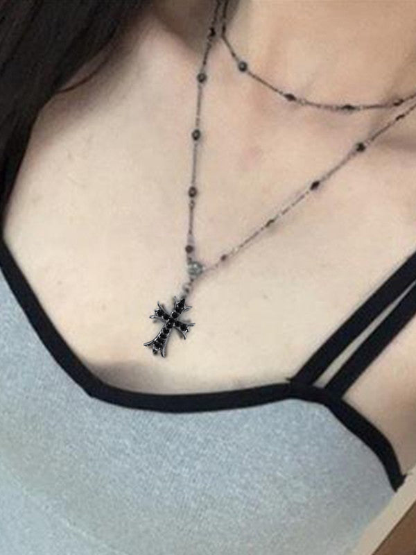 Double Layered Beads Cross Necklace