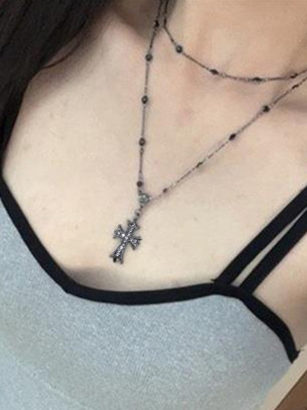 Double Layered Beads Cross Necklace