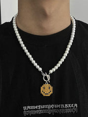 Men's Smile Pendant Faux Pearl Toggle Necklace