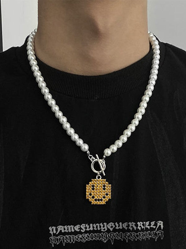 Men's Smile Pendant Faux Pearl Toggle Necklace