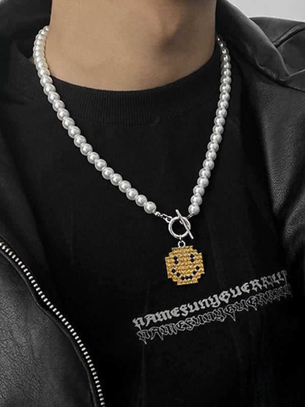 Men's Smile Pendant Faux Pearl Toggle Necklace