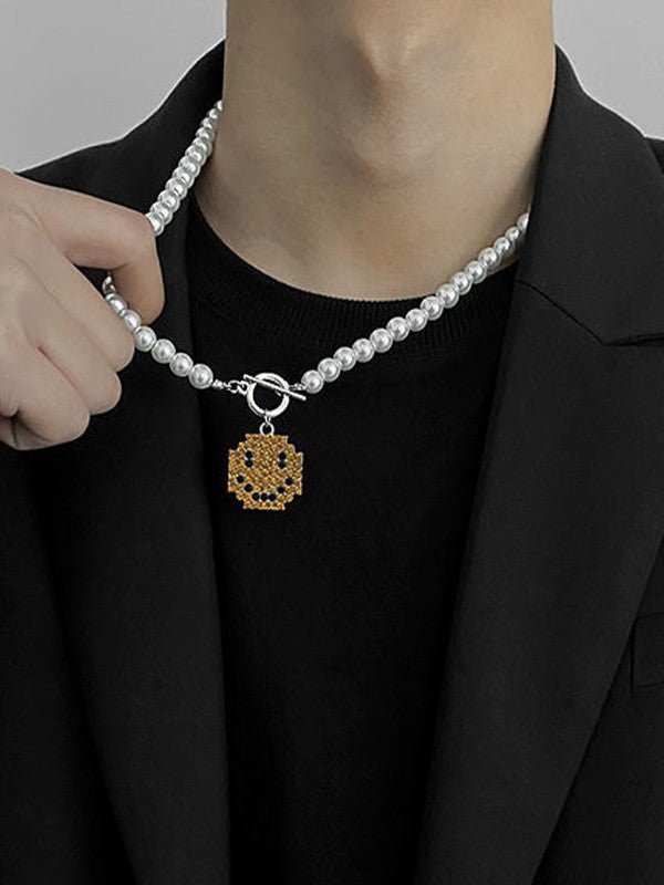 Men's Smile Pendant Faux Pearl Toggle Necklace