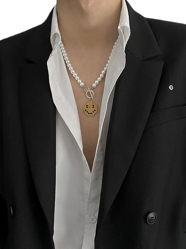Men's Smile Pendant Faux Pearl Toggle Necklace