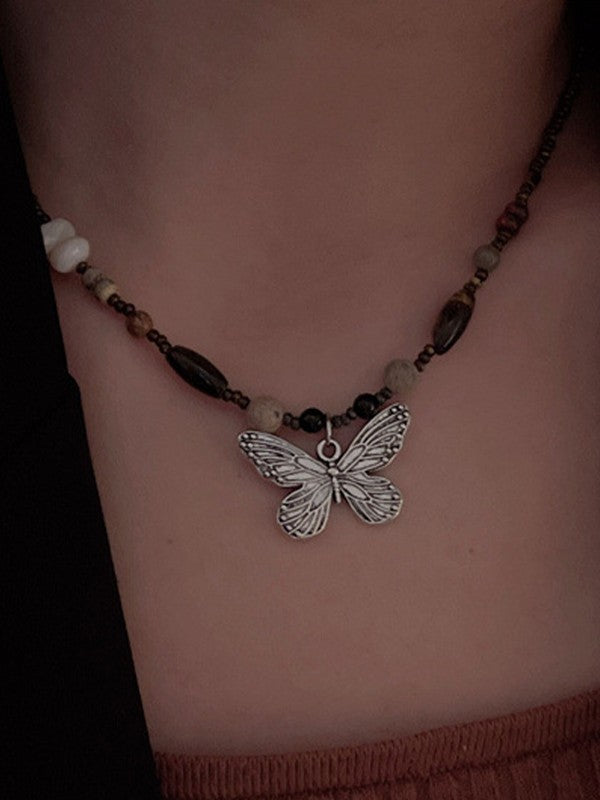Vintage Beads Stone Butterfly Necklace