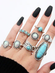 8pcs Vintage Stone Pendant Ring Set