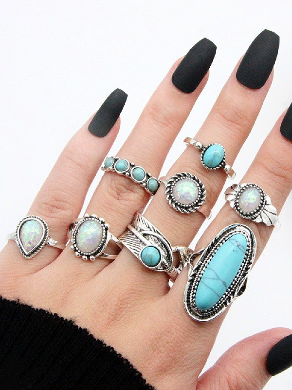 8pcs Vintage Stone Pendant Ring Set