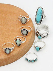 8pcs Vintage Stone Pendant Ring Set