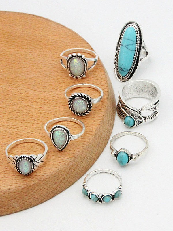 8pcs Vintage Stone Pendant Ring Set
