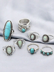 8pcs Vintage Stone Pendant Ring Set