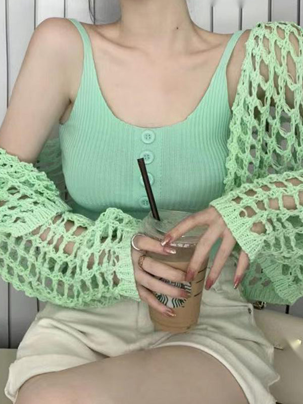 Open Front Hollow Out Crochet Knit Crop Top