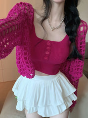 Open Front Hollow Out Crochet Knit Crop Top