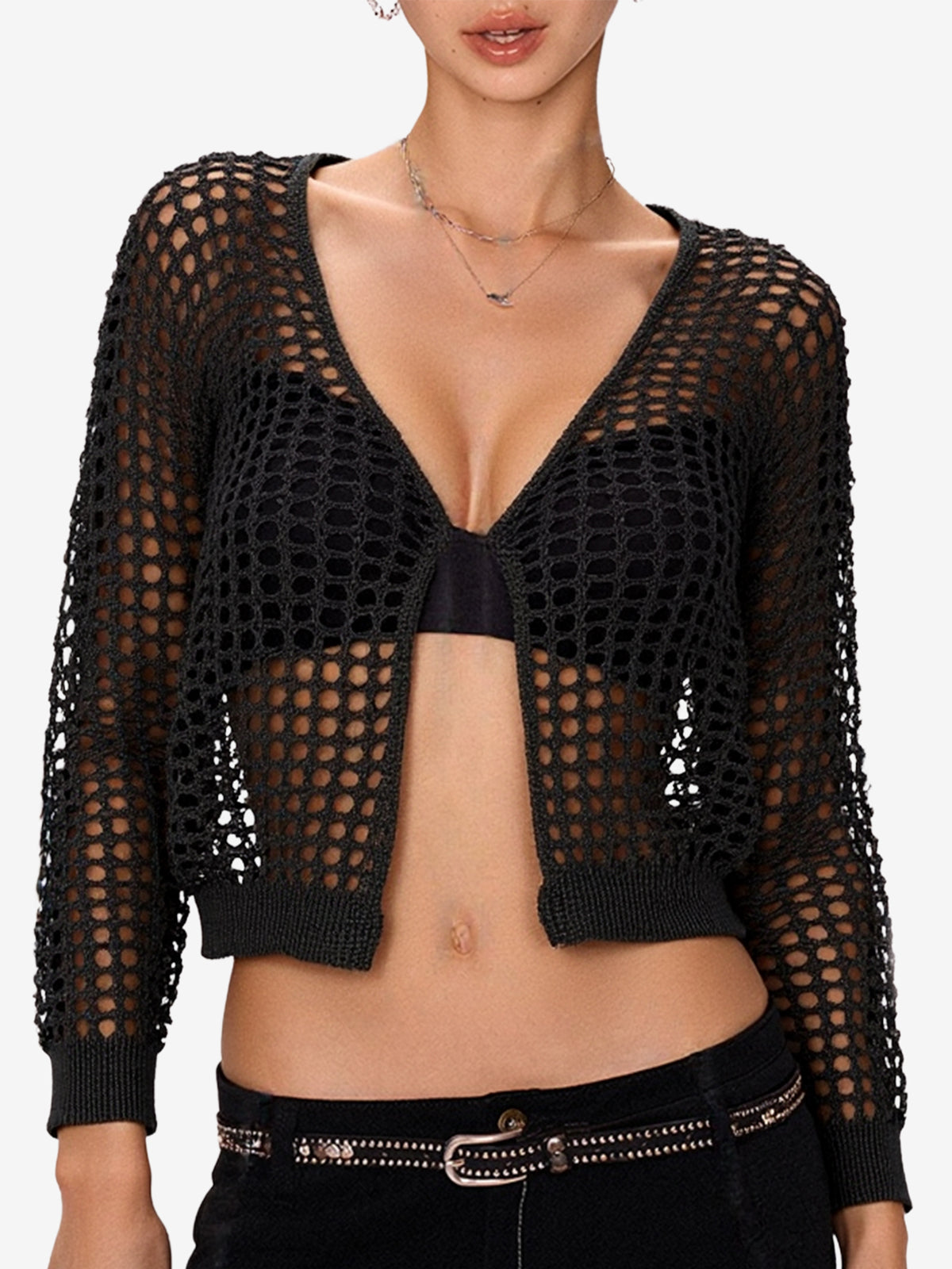 Open Front Hollow Out Crochet Knit Crop Top