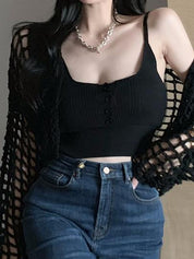 Open Front Hollow Out Crochet Knit Crop Top