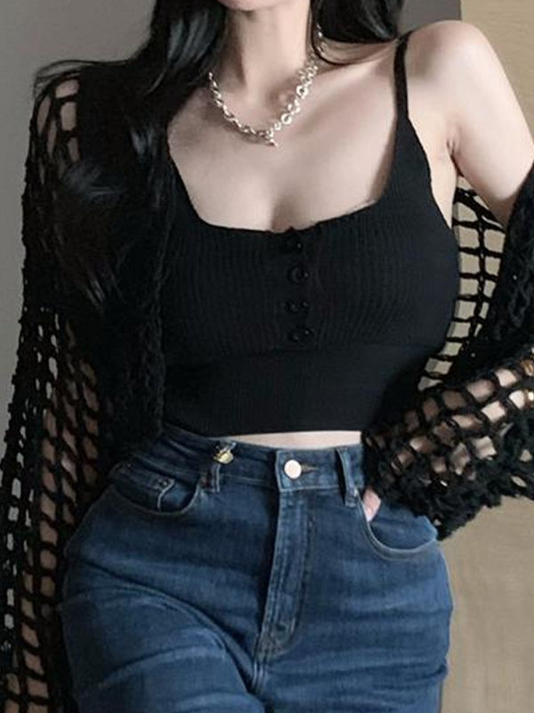 Open Front Hollow Out Crochet Knit Crop Top