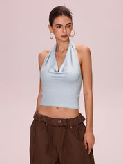 Metallic Silver Halter Cropped Tank Top