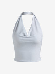 Metallic Silver Halter Cropped Tank Top